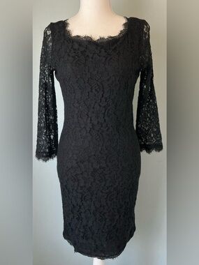 Diane Von Furstenberg Black Floral Lace Long Sleeve Sheath Dress
